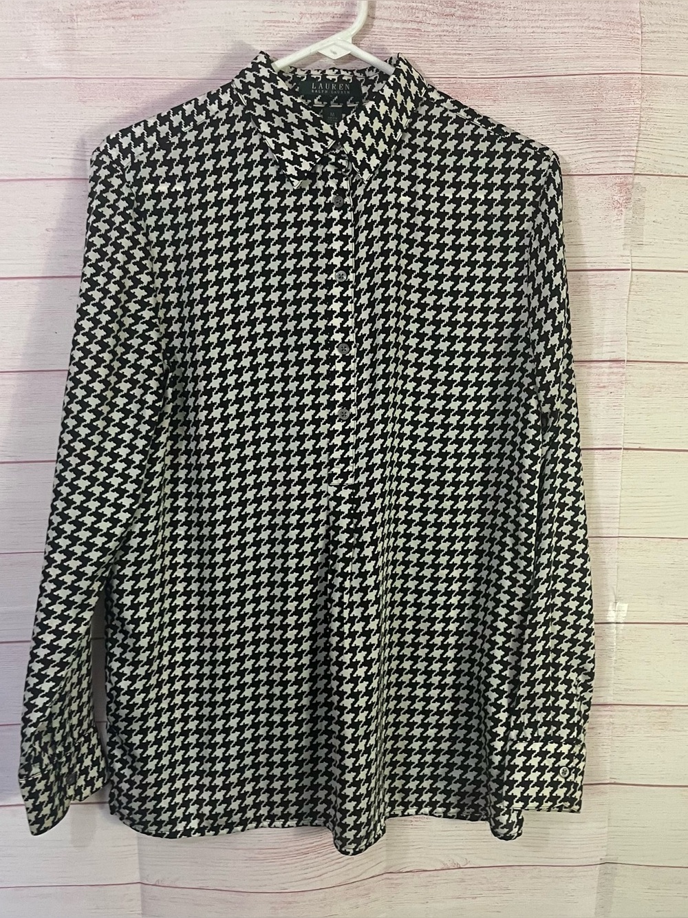 Lauren Ralph Lauren Black White Houndstooth 1/4 Button Up Long Sleeve Blouse Med